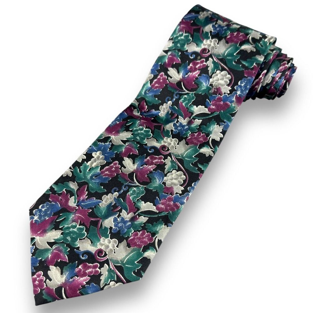 Christian Dior Monsieur 100% Silk Neck Tie Grapes & Leaves Motif Jewel Tones EUC